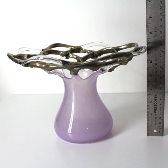M Duca Hand Blown Mid-Century Glass Lattice Web Vase Gold Lavender Signed - Picture 12 of 16